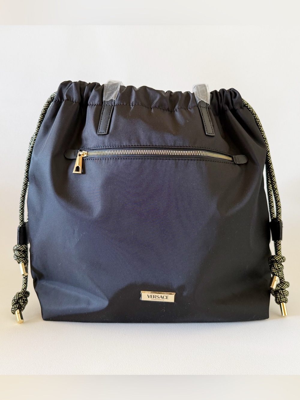 Versace Fragance Bag Drawstring Tote Nylon Travel Black NWOT Large